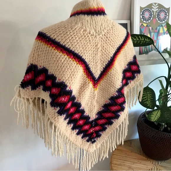 Vintage 1960s Mexican Fringed Wool Poncho, Cream, Multi-coloured - Picture 7 of 9
